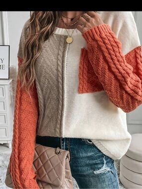 Chunky Colorblock Cable Knit Sweater - Cream & Orange